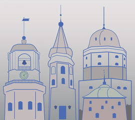 Illustration of towers and belfry of medieval  town