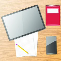Vector tablet,phone and note paper on wooden table