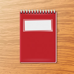 realistic notebook on wooden table, vector illustration