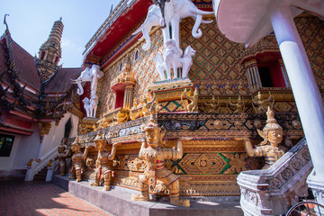 Maha Chedi of wat Bangreange is located on the hilltop The Buddha statue,Giant statue  and elephant sculpture .are surrounded by a round base. This temple is completely surrounded by mountains, trees.