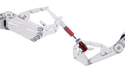 Syringe With Blood and Vial in Cyborg Hands 3d Illustration