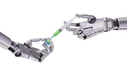 Syringe and Vial with Medicine in Robot Hands 3d Illustration