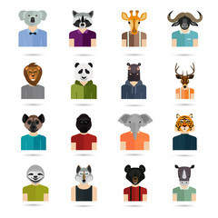 Set of sixteen animal avatars color flat icons