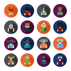 Set of sixteen animal avatars color flat icons