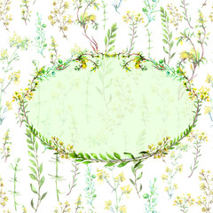 Watercolor, vintage item, card, logo with floral patterns in a circle. Plants, flowers, 
juniper branch, grass, blue, red, yellow and green colors. For various design