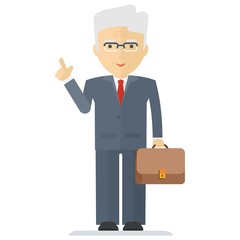 Vector old businessman with briefcase. Elements for sites, advertising brochures, flayers, posters and info graphics. Flat cartoon vector illustration. Objects isolated on a white background.