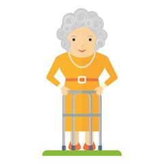 Vector old woman with a walker. Elderly people, pensioner. Flat cartoon vector illustration. Objects isolated on a white background.
