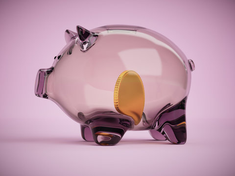 Clear Glass Piggy Bank With Golden Coin Inside 3d Illustration