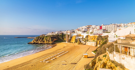 A panorama of Carvoeiro at the dusk in Algarve region, Portugal, Europe