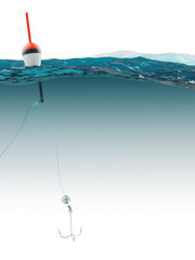 Bobber with fishing line and hook under water © Sergey