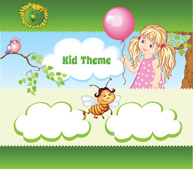 Green background for kid template with girl and animals