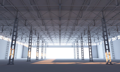 Abstract illuminated white stage inside of industrial building 3d illustration - obrazy, fototapety, plakaty