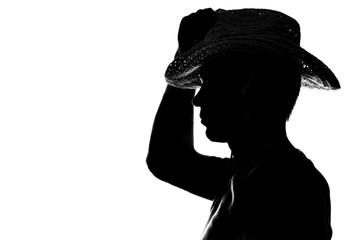 Young man holds the hand hat silhouette