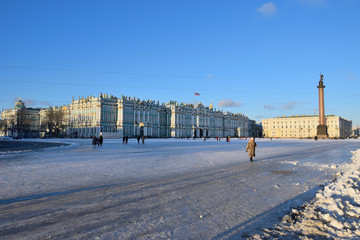 The snow on Palace square on a Sunny day