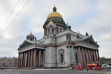 St. Isaac's Cathedral and tourist buses in the evening
