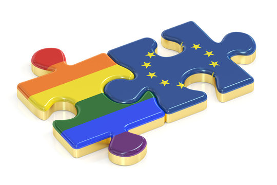 Gay Pride Rainbow and EU puzzles from flags, 3D rendering