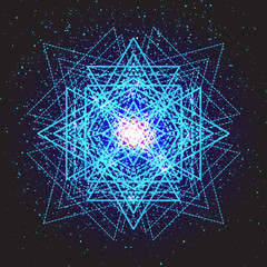 Magic blue geometry sign. Abstract sacred geometry. Religion, spirituality, occultism. Alchemy mystical symbol on space background. Vector design illustration.