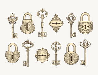Set of hand drawn vintage keys and locks vector