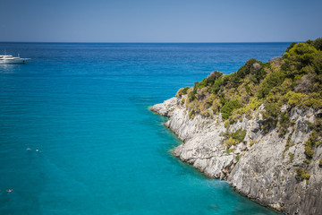 View on Xigia Beach on Zakynthos. Sulphur and collagen springs, Ionian Island, Greece