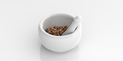 Allspice, mortar and pestle . 3d illustration
