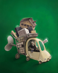 The illustration of a rat driving the clockwork shopping cart, metaphor of consumerism and consumption passion