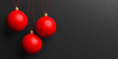 Christmas balls on black background with copyspace. 3d illustration