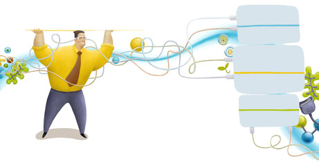 An illustrated blocks and elements on business and technology and a man wearing a tie holding blank space under his head. For web design or graphic template usage.