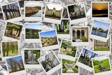 Fototapeta na wymiar Mosaic collage mix travel with pictures of different places, landscapes and objects shot by myself on crumpled aluminum foil texture background