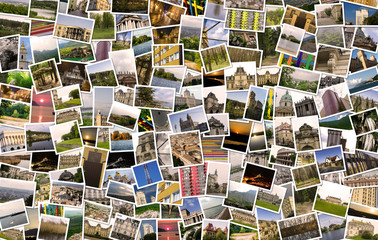 Asymmetrical mosaic mix collage of 200+ photos of different places, landscapes, objects  shot by...
