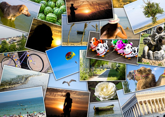 Mosaic collage mix travel in summer 2015 with pictures of different places, landscapes and objects...