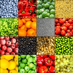 Mix collage of 16 in 1 food background divided by shadows: tomatoes, blueberry, apples, pasta, peas, chili pepper, poppy seeds, oranges, lemons, red bell pepper, sultana grapes, watermelons, peanuts