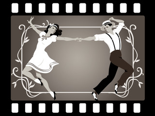 Obraz premium Young couple in retro attire dancing in an old movie frame, EPS 8 vector illustration, no transparencies