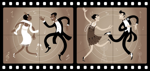 Two couples dressed in 1920s style dancing the Charleston in an old movie frame, vector illustration, EPS 8