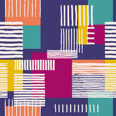 Striped geometric seamless pattern. Hand drawn uneven stripes on colorful rectangles, free layout. Garden flowers tones on lilac background. Textile design.