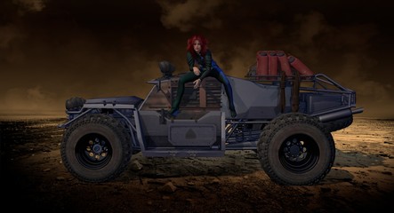 Female Sitting On Off-Road Vehicle 3D Render