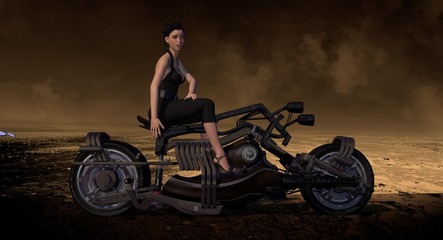 Fototapeta na wymiar Female Biker Sitting On Motorcycle 3D Rendering
