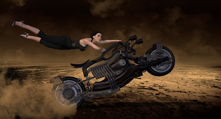 Female Biker Flying Off Of Motorcycle 3D Rendering