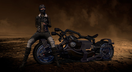 Obraz na płótnie Canvas Female Biker Sitting On Motorcycle 3D Rendering
