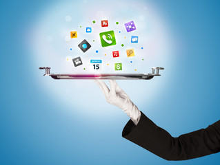 Waiter hand holding tray with icons