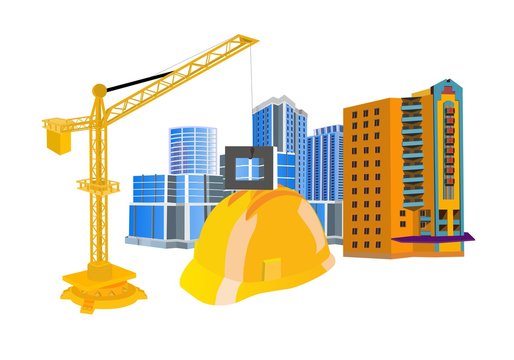 Concept arhitect illustration. Construction helmet, building, building crane