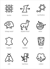 Vector line icons of fabric feature, garments property symbols. Elements - cotton, wool, waterproof, uv protection. Linear wear labels, textile industry pictogram with editable stroke for clothes.