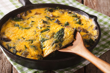 Delicious omelette with spinach, cheddar and mushrooms in a pan close-up. horizontal
