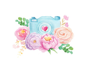 Watercolor camera and flowers