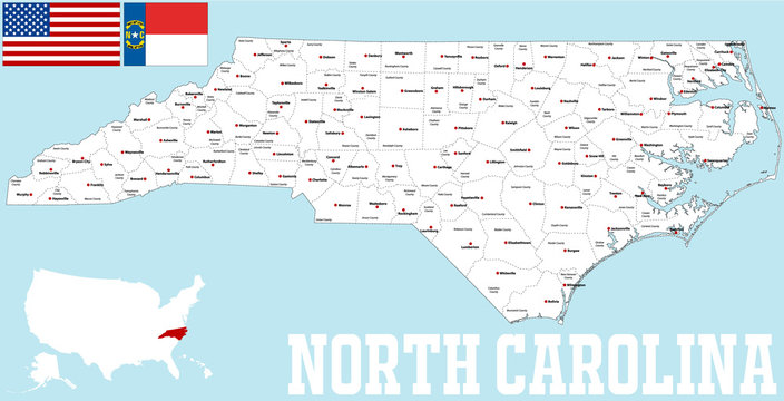 Large and detailed map of the State of North Carolina with all counties and county seats.