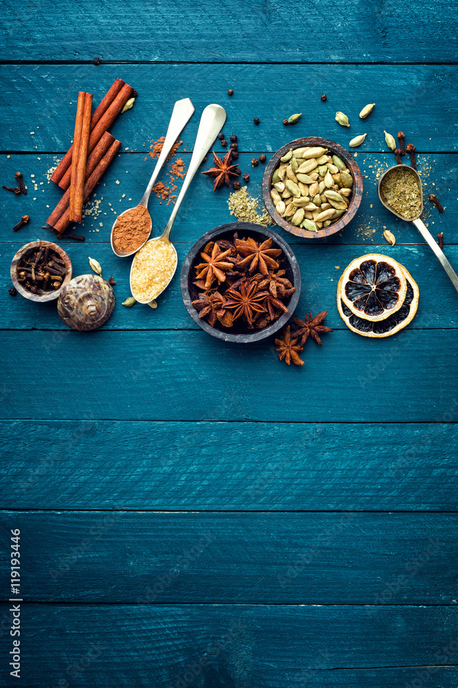 Poster culinary background with various spices for Christmas mulled wine