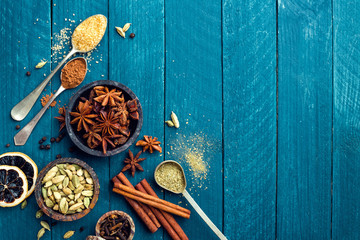 culinary background with various spices for Christmas mulled wine