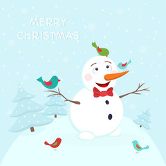 Happy snowman with colorful birds. Merry Christmas greeting card template. Snow winter landscape.