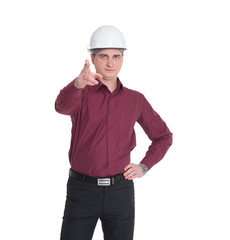 A man in a white construction helmet with tape measure in his hand