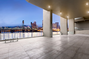 cityscape and skyline of portland from brick floor