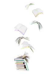 stack of books and flying books isolated on white